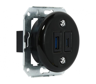 Gniazdo podwójne USB-A i USB-C 4A Retro ceramic bez ramki - czarne