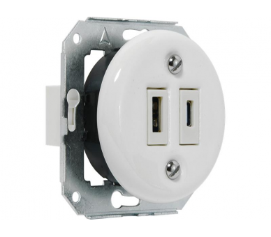 Gniazdo podwójne USB-A i USB-C 4A Retro ceramic bez ramki - białe