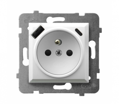 Gniazdo pojedyncze z uziemieniem z przesłonami torów prądowych, z ładowarką USB A+C Biały Ospel Aria