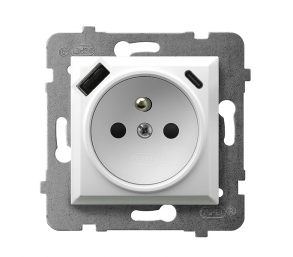 Gniazdo pojedyncze z uziemieniem z przesłonami torów prądowych, z ładowarką USB A+C Biały Ospel Aria