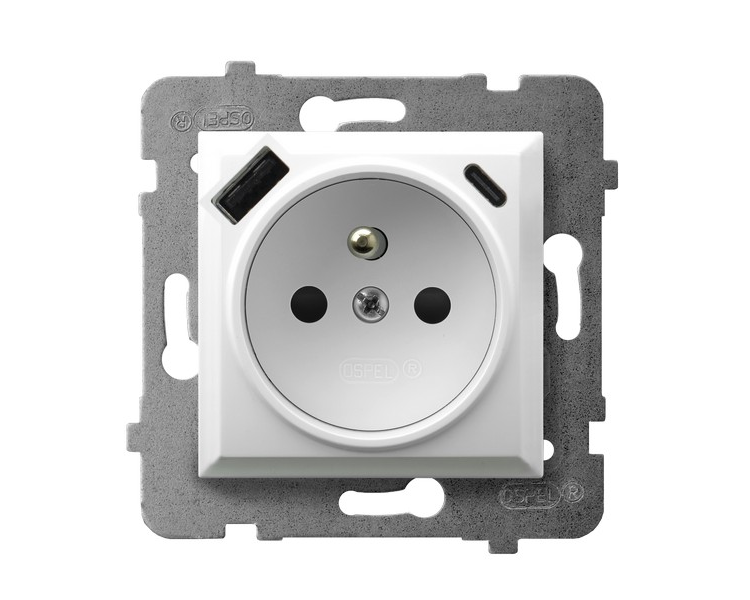 Gniazdo pojedyncze z uziemieniem z przesłonami torów prądowych, z ładowarką USB A+C Biały Ospel Aria