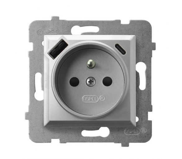 Gniazdo pojedyncze z uziemieniem z przesłonami torów prądowych, z ładowarką USB A+C Srebro Ospel Aria