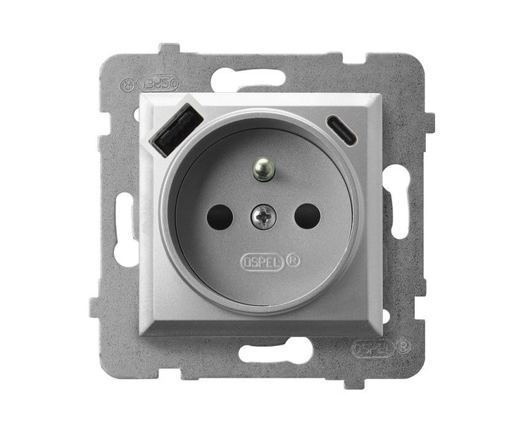 Gniazdo pojedyncze z uziemieniem z przesłonami torów prądowych, z ładowarką USB A+C Srebro Ospel Aria