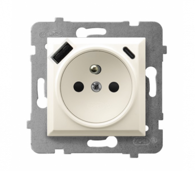 Gniazdo pojedyncze z uziemieniem z przesłonami torów prądowych, z ładowarką USB A+C Ecru Ospel Aria