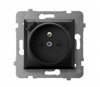 Gniazdo pojedyncze z uziemieniem z przesłonami torów prądowych, z ładowarką USB A+C Czarny matowy Ospel Aria