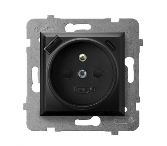 Gniazdo pojedyncze z uziemieniem z przesłonami torów prądowych, z ładowarką USB A+C Czarny matowy Ospel Aria