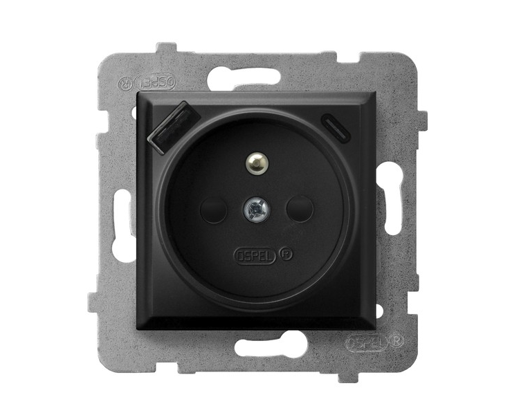 Gniazdo pojedyncze z uziemieniem z przesłonami torów prądowych, z ładowarką USB A+C Czarny matowy Ospel Aria