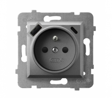 Gniazdo pojedyncze z uziemieniem z przesłonami torów prądowych, z ładowarką USB A+C Szary mat Ospel Aria