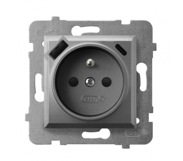 Gniazdo pojedyncze z uziemieniem z przesłonami torów prądowych, z ładowarką USB A+C Szary mat Ospel Aria