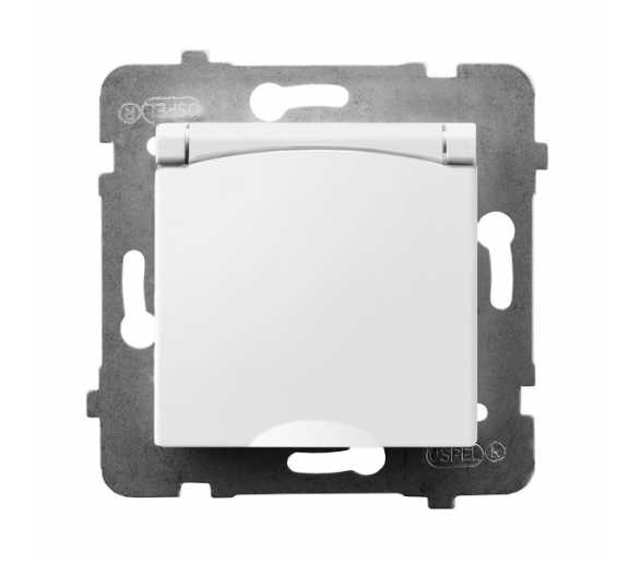 Gniazdo bryzgoszczelne z uziemieniem schuko IP-44 wieczko w kolorze wyrobu Biały Ospel Aria