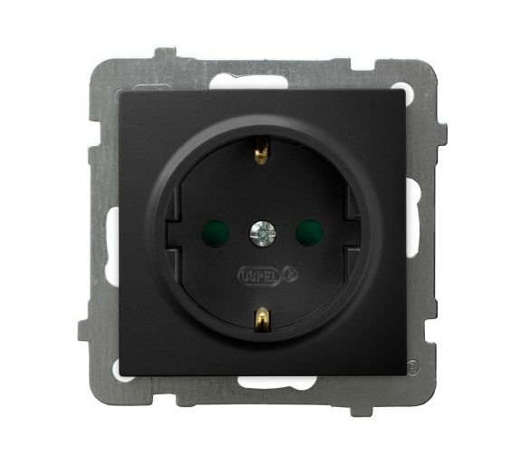 Gniazdo pojedyncze z uziemieniem schuko z przesłonami torów prądowych Czarny matowy Ospel As
