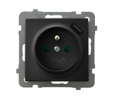 Gniazdo pojedyncze z uziemieniem z przesłonami torów prądowych, z ładowarką USB Czarny matowy Ospel As