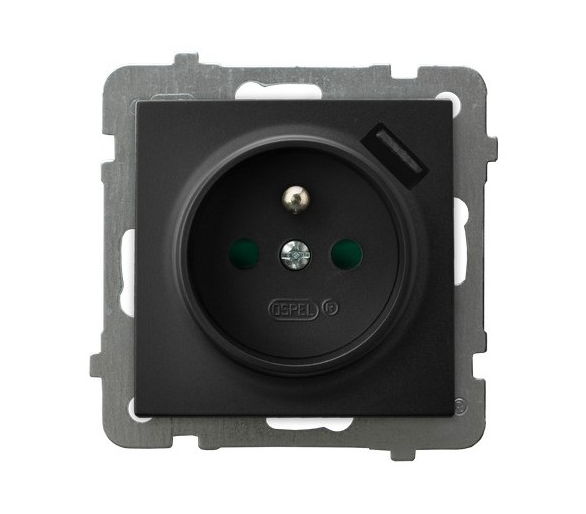 Gniazdo pojedyncze z uziemieniem z przesłonami torów prądowych, z ładowarką USB Czarny matowy Ospel As