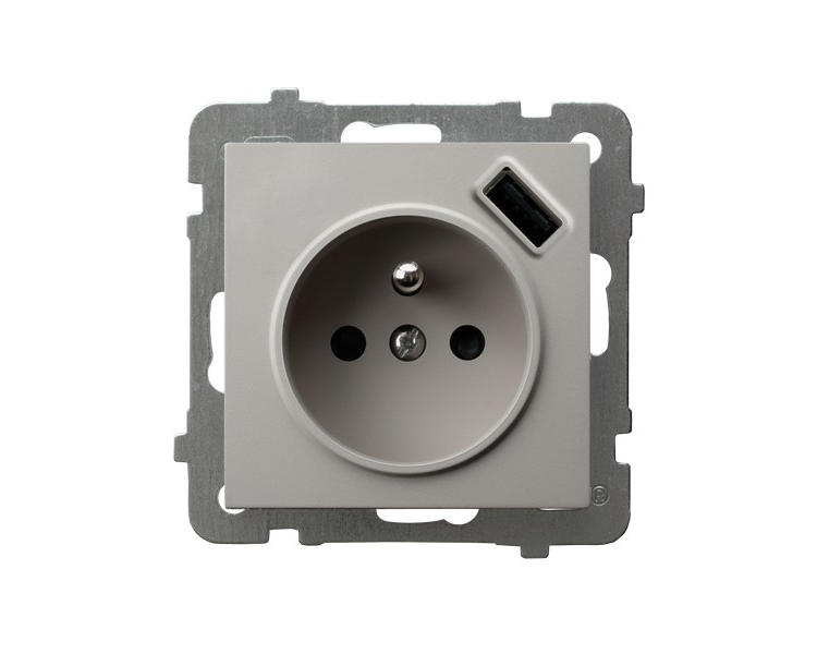 Gniazdo pojedyncze z uziemieniem z przesłonami torów prądowych, z ładowarką USB Kaszmir Ospel As