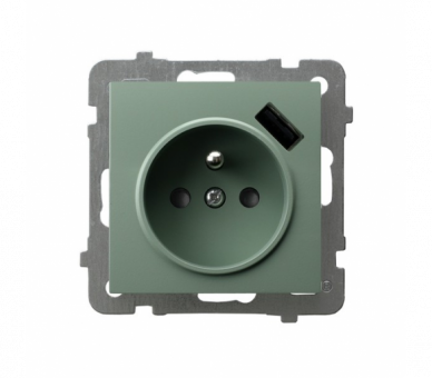 Gniazdo pojedyncze z uziemieniem z przesłonami torów prądowych, z ładowarką USB Zielony mat Ospel As