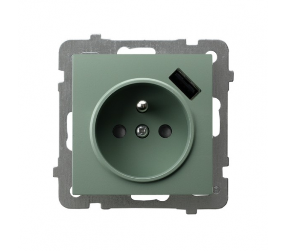 Gniazdo pojedyncze z uziemieniem z przesłonami torów prądowych, z ładowarką USB Zielony mat Ospel As
