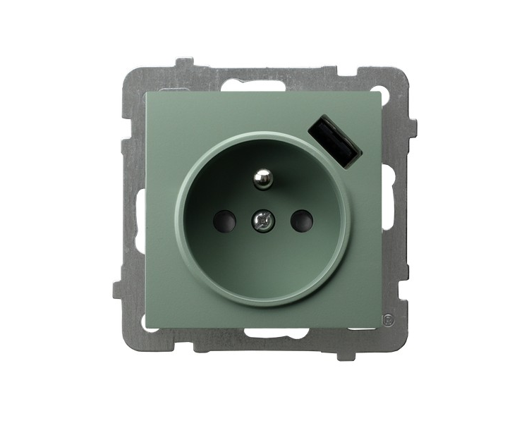Gniazdo pojedyncze z uziemieniem z przesłonami torów prądowych, z ładowarką USB Zielony mat Ospel As