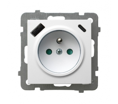 Gniazdo pojedyncze z uziemieniem z przesłonami torów prądowych, z ładowarką USB A+C Biały Ospel As