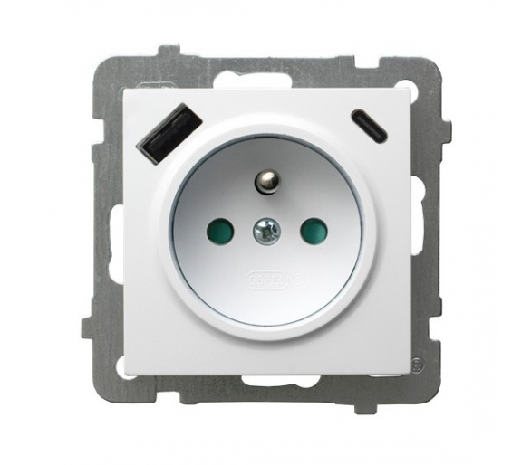 Gniazdo pojedyncze z uziemieniem z przesłonami torów prądowych, z ładowarką USB A+C Biały Ospel As