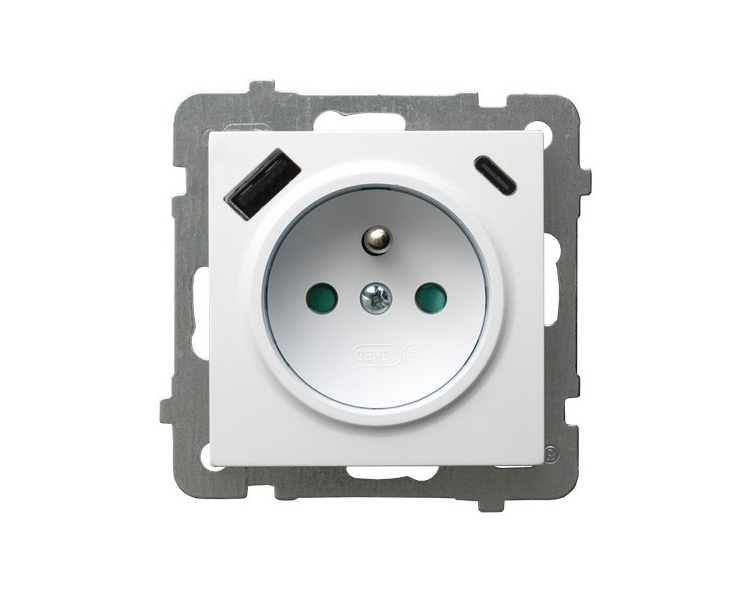 Gniazdo pojedyncze z uziemieniem z przesłonami torów prądowych, z ładowarką USB A+C Biały Ospel As