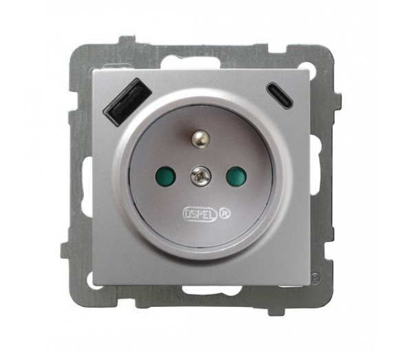 Gniazdo pojedyncze z uziemieniem z przesłonami torów prądowych, z ładowarką USB A+C Srebro Ospel As