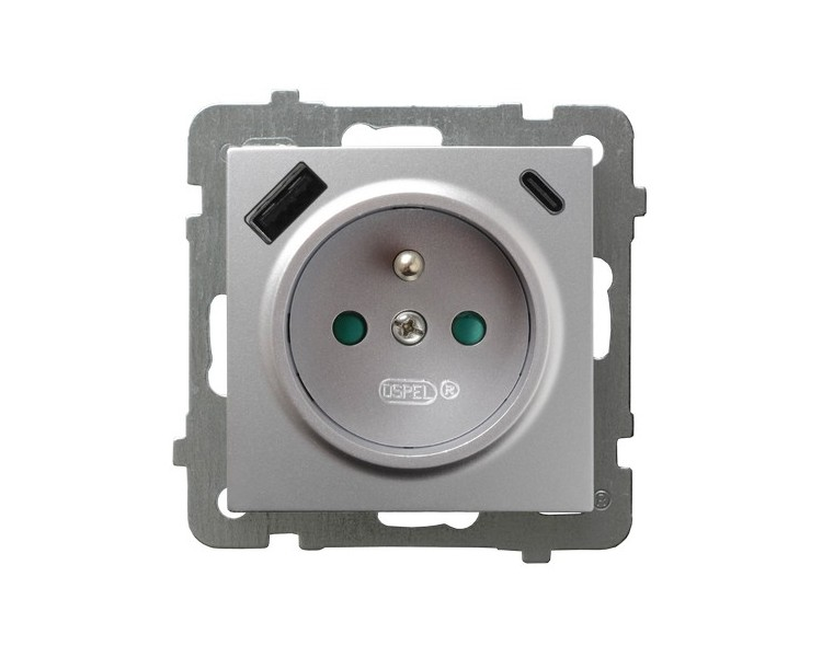 Gniazdo pojedyncze z uziemieniem z przesłonami torów prądowych, z ładowarką USB A+C Srebro Ospel As
