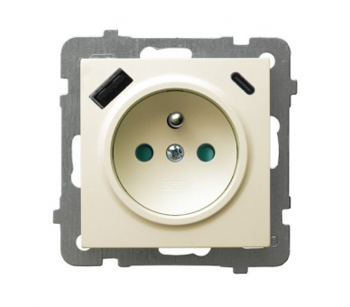 Gniazdo pojedyncze z uziemieniem z przesłonami torów prądowych, z ładowarką USB A+C Ecru Ospel As
