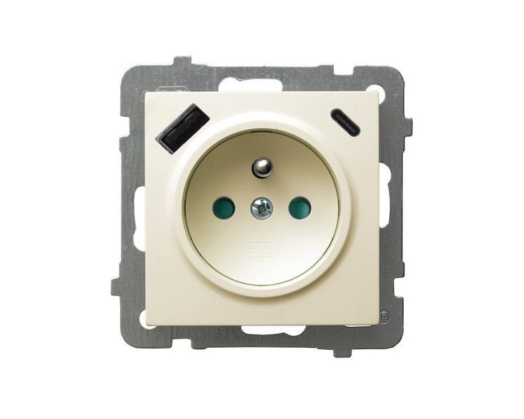 Gniazdo pojedyncze z uziemieniem z przesłonami torów prądowych, z ładowarką USB A+C Ecru Ospel As