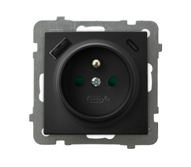 Gniazdo pojedyncze z uziemieniem z przesłonami torów prądowych, z ładowarką USB A+C Czarny matowy Ospel As