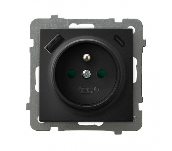 Gniazdo pojedyncze z uziemieniem z przesłonami torów prądowych, z ładowarką USB A+C Czarny matowy Ospel As