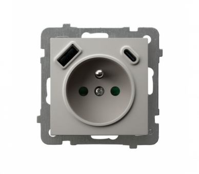 Gniazdo pojedyncze z uziemieniem z przesłonami torów prądowych, z ładowarką USB A+C Kaszmir Ospel As