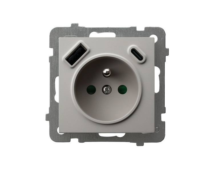 Gniazdo pojedyncze z uziemieniem z przesłonami torów prądowych, z ładowarką USB A+C Kaszmir Ospel As