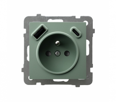 Gniazdo pojedyncze z uziemieniem z przesłonami torów prądowych, z ładowarką USB A+C Zielony mat Ospel As