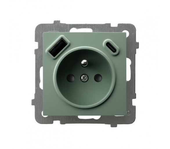 Gniazdo pojedyncze z uziemieniem z przesłonami torów prądowych, z ładowarką USB A+C Zielony mat Ospel As