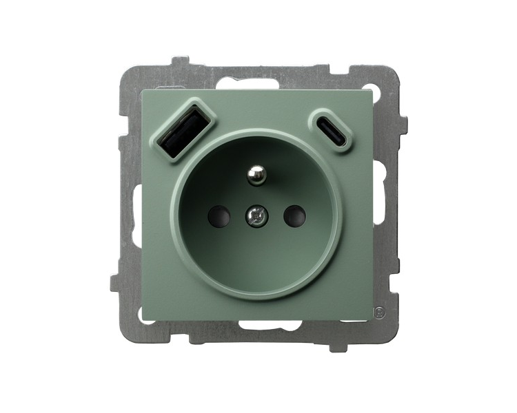 Gniazdo pojedyncze z uziemieniem z przesłonami torów prądowych, z ładowarką USB A+C Zielony mat Ospel As
