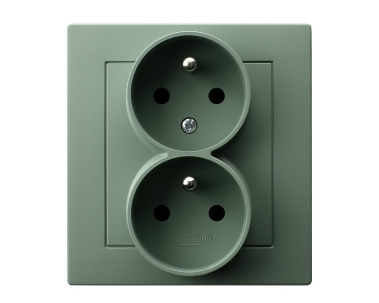 Gniazdo podwójne z uziemieniem z funkcją niezamienności faz, kompletne z ramką Zielony mat Ospel As