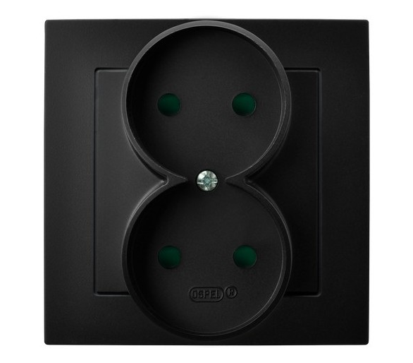 Gniazdo podwójne z przesłonami torów prądowych, kompletne z ramką, bez uziemienia Czarny matowy Ospel As