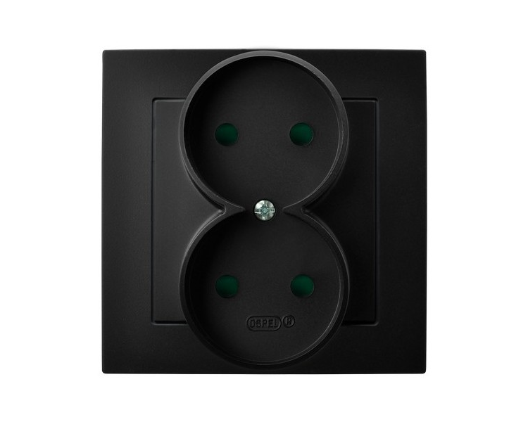 Gniazdo podwójne z przesłonami torów prądowych, kompletne z ramką, bez uziemienia Czarny matowy Ospel As