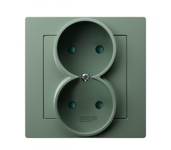 Gniazdo podwójne z przesłonami torów prądowych, kompletne z ramką, bez uziemienia Zielony mat Ospel As