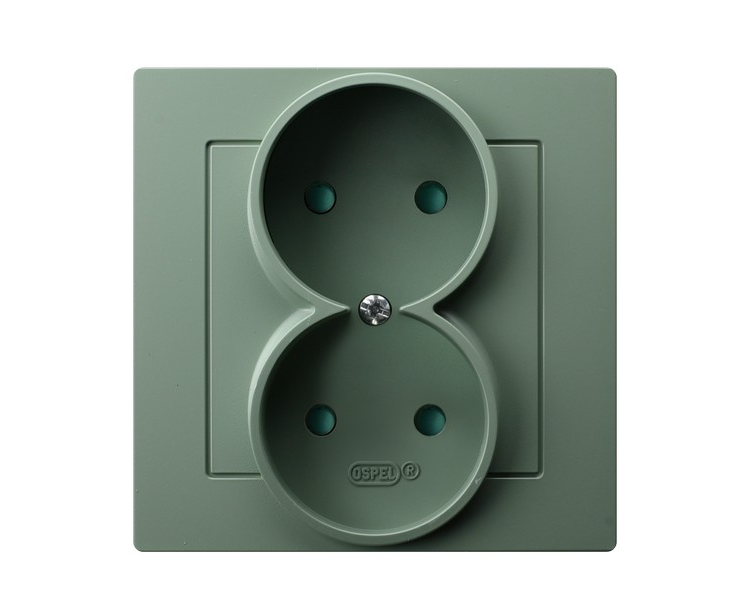 Gniazdo podwójne z przesłonami torów prądowych, kompletne z ramką, bez uziemienia Zielony mat Ospel As