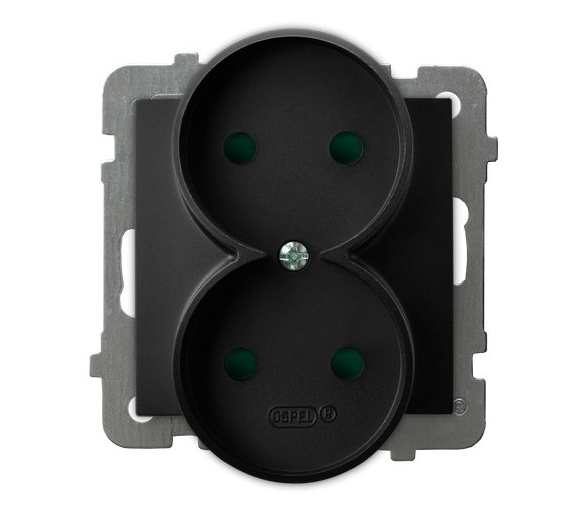 Gniazdo podwójne, bez uziemienia, z przesłonami torów prądowych, moduł bez ramki Czarny matowy Ospel As