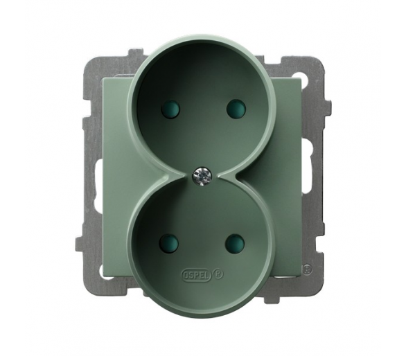 Gniazdo podwójne, bez uziemienia, z przesłonami torów prądowych, moduł bez ramki Zielony mat Ospel As
