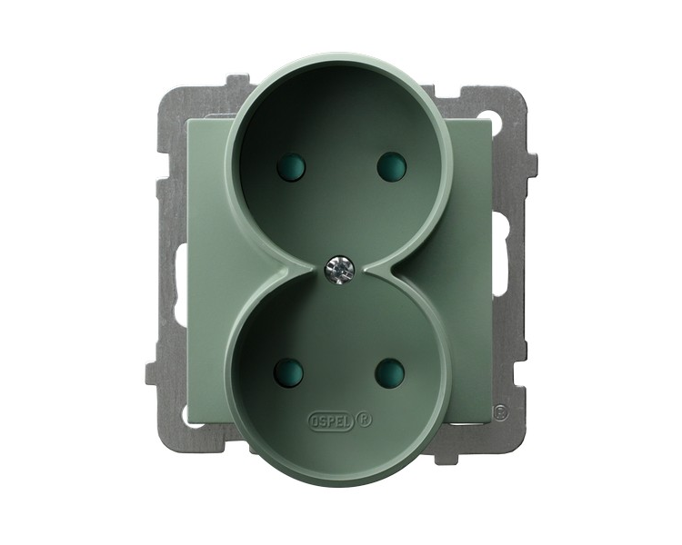 Gniazdo podwójne, bez uziemienia, z przesłonami torów prądowych, moduł bez ramki Zielony mat Ospel As