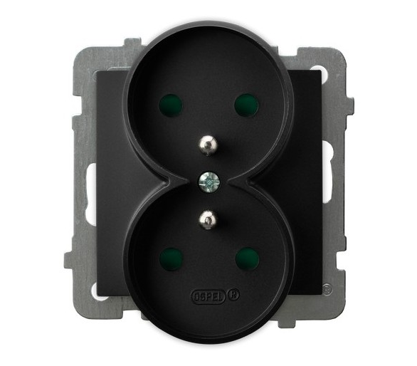 Gniazdo podwójne z uziemieniem z przesłonami torów prądowych, moduł bez ramki Czarny matowy Ospel As