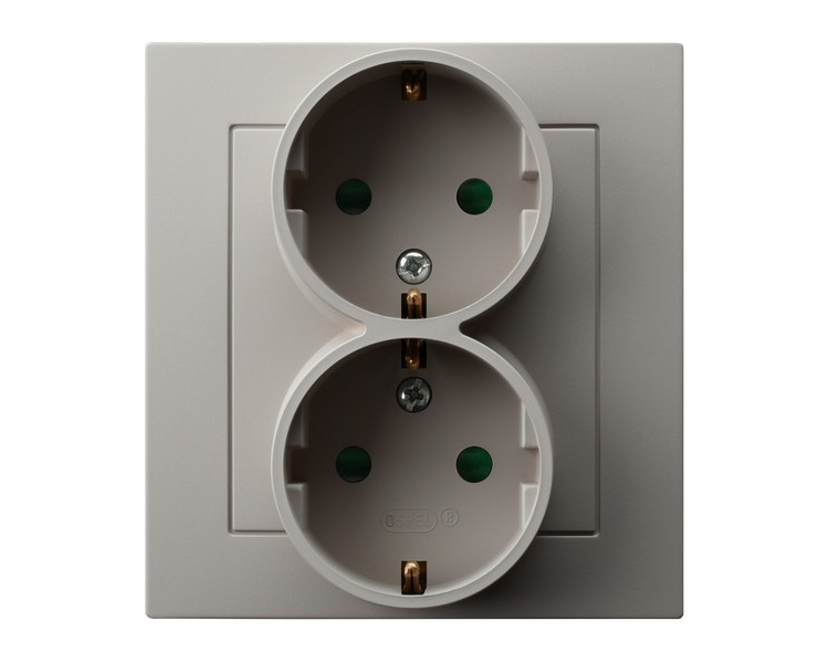 Gniazdo podwójne z uziemieniem schuko z przesłonami torów prądowych, kompletne z ramką Kaszmir Ospel As