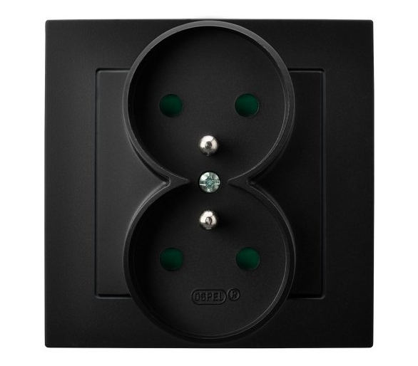 Gniazdo podwójne z uziemieniem z przesłonami torów prądowych, kompletne z ramką Czarny matowy Ospel As