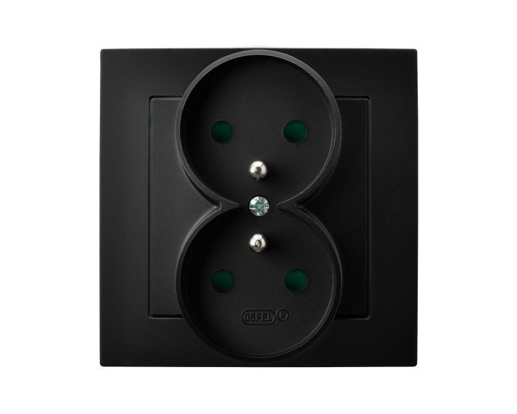 Gniazdo podwójne z uziemieniem z przesłonami torów prądowych, kompletne z ramką Czarny matowy Ospel As