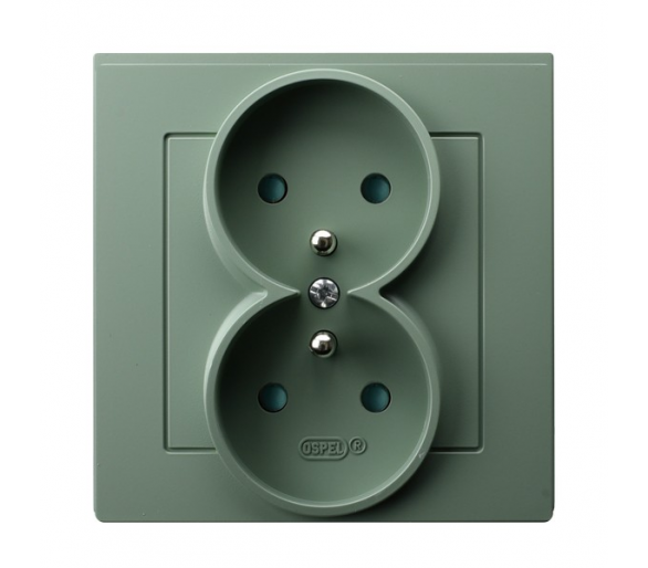 Gniazdo podwójne z uziemieniem z przesłonami torów prądowych, kompletne z ramką Zielony mat Ospel As