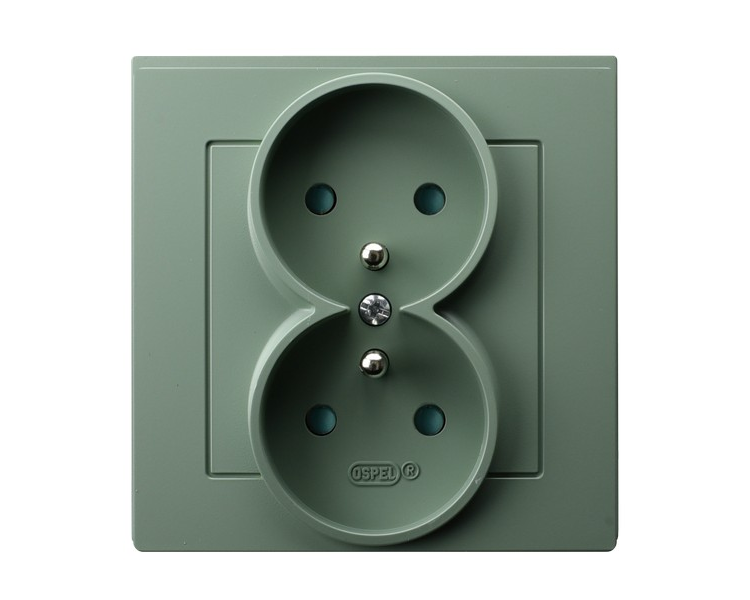 Gniazdo podwójne z uziemieniem z przesłonami torów prądowych, kompletne z ramką Zielony mat Ospel As