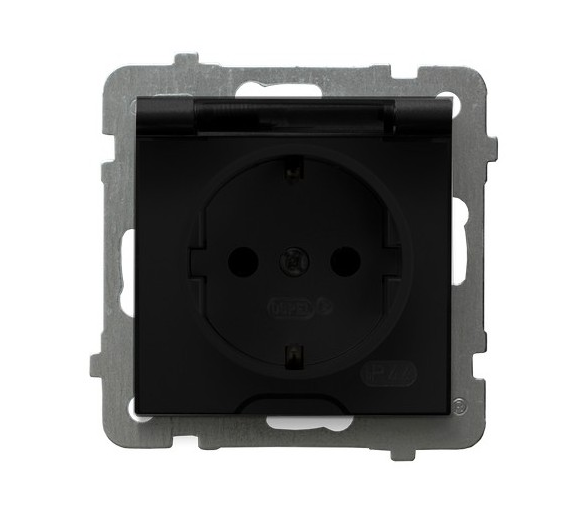 Gniazdo bryzgoszczelne z uziemieniem schuko IP-44 wieczko przezroczyste Czarny matowy Ospel As